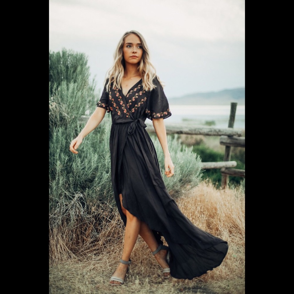 Pink+Sophie Charcoal Embroidered Wrap Dress